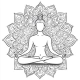 Adult coloring page of a person meditating surrounded by intricate mandala patterns.