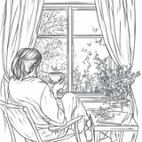 Cozy Tea Time Coloring Page – Relaxing Window Scene for Adults