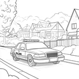 A simple police car driving through a quiet neighborhood for kids to color